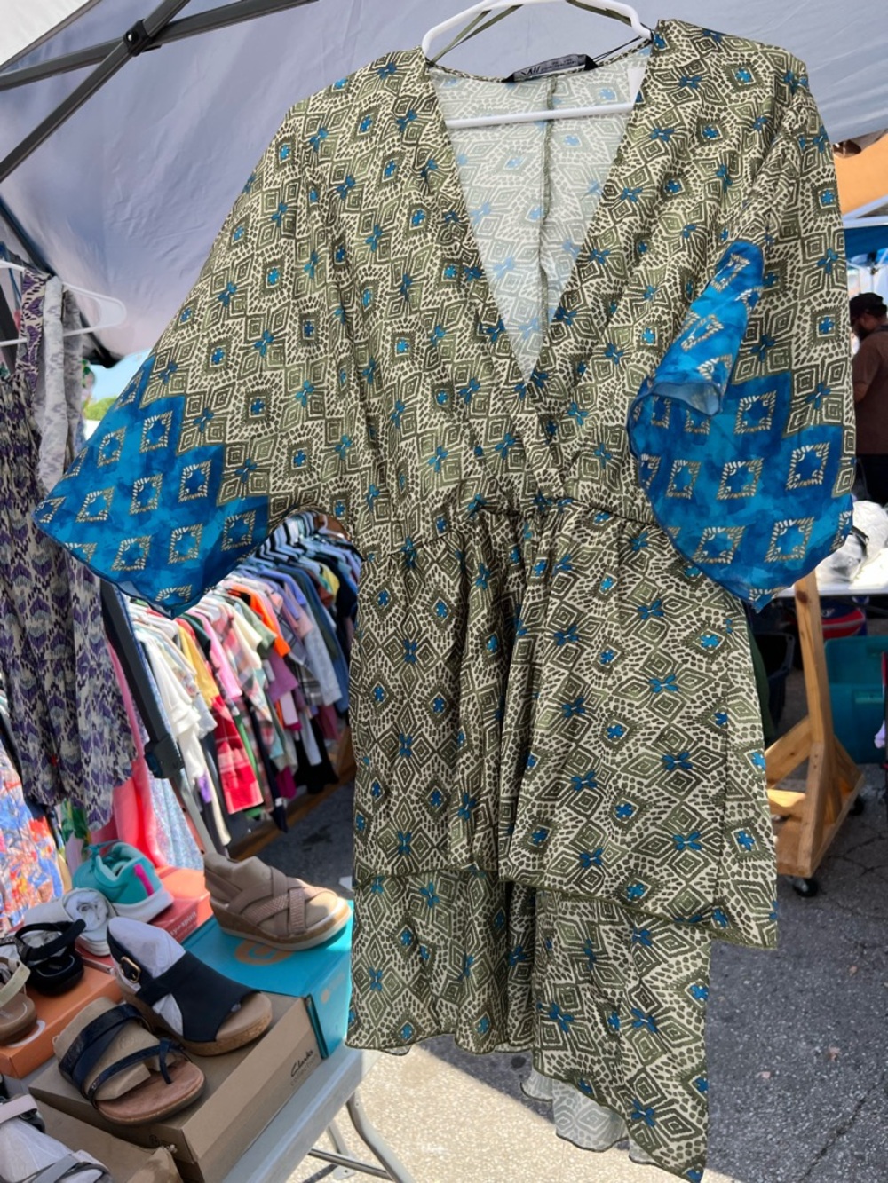 Zara Olive Green Printed Dress with Blue Accents